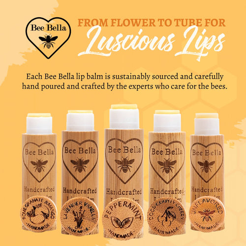 Bee Bella natural beeswax lip balm collection featuring all available flavors