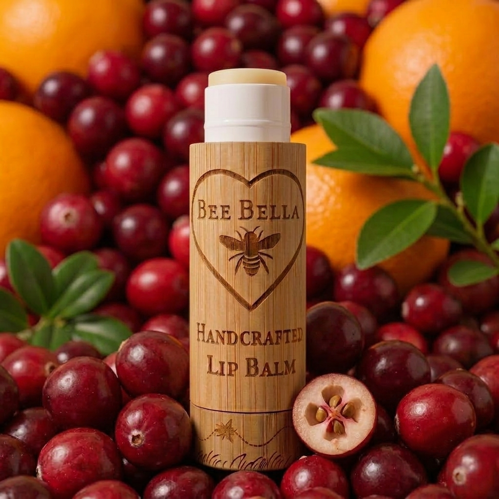 Orange Cranberry Beeswax Lip Balm by Bee Bella, all-natural beeswax lip balm handmade in Wisconsin