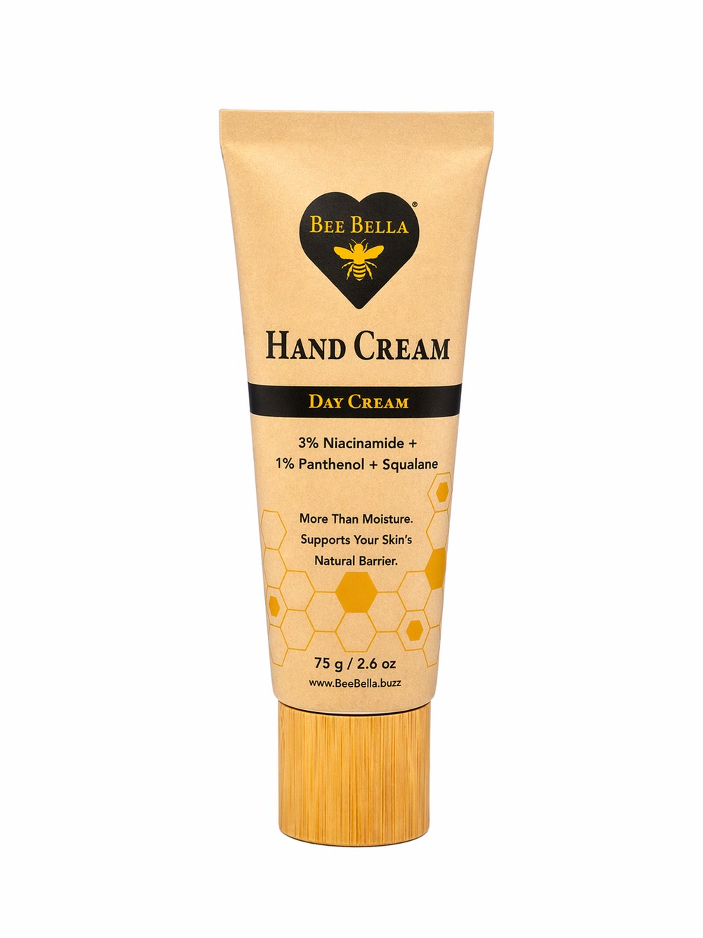 Bee Bella all-natural beeswax Hand Cream in a gold honeycomb tube with bamboo cap, handcrafted by Wisconsin beekeepers