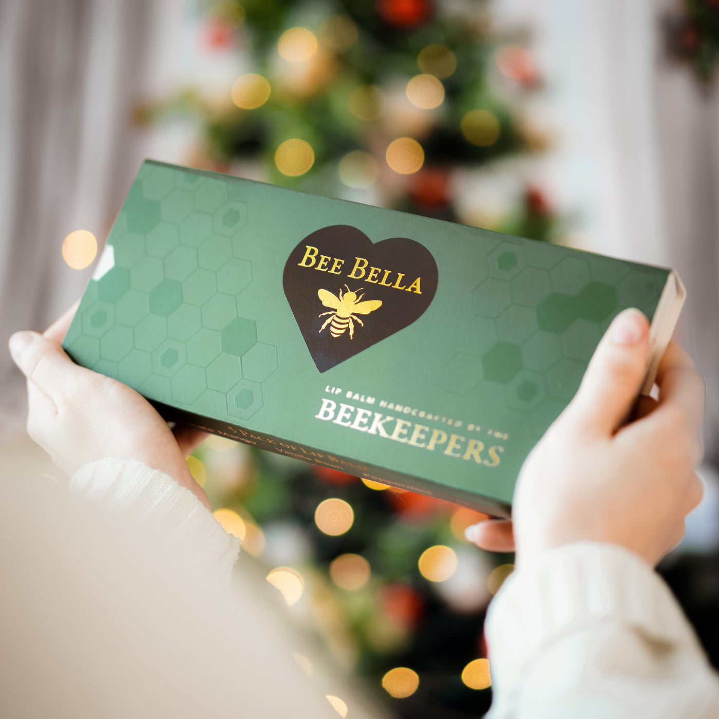 Bee Bella Variety 5-Pack lip balm gift box styled lifestyle photo