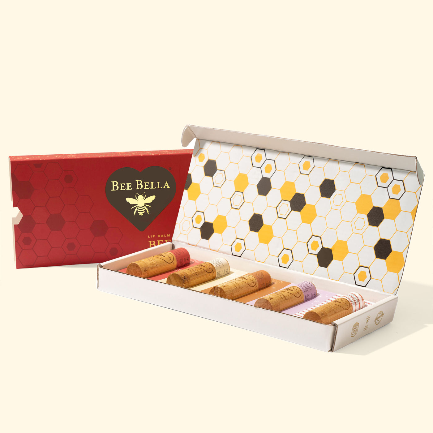 Bee Bella Holiday Variety 5-Pack Lip Balm Gift Box in cream holiday gift packaging