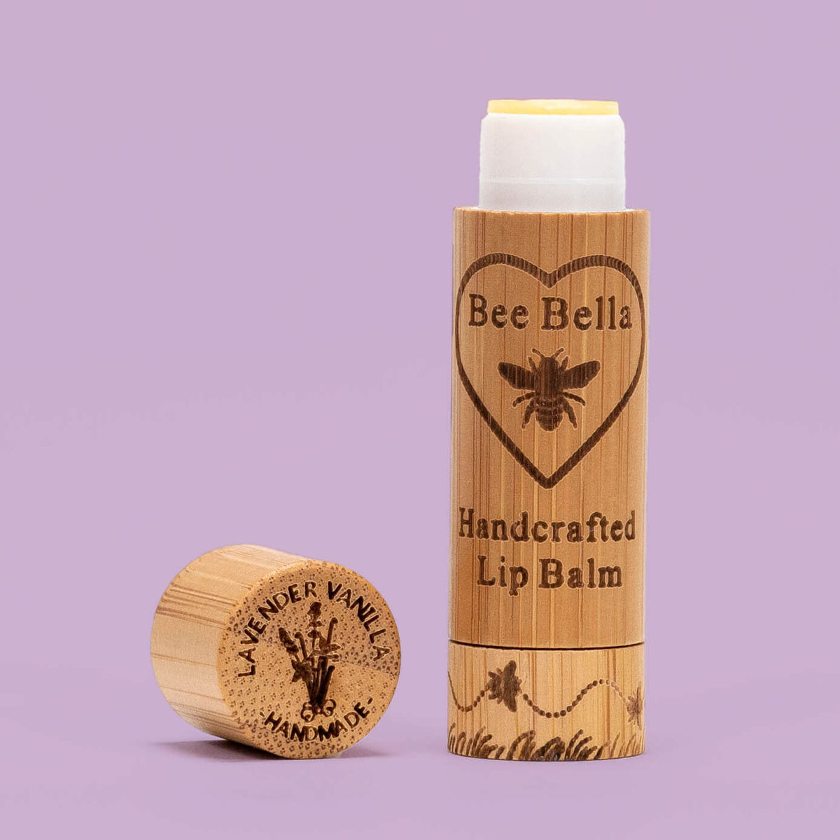 Lavender Vanilla natural beeswax lip balm on soft purple color background